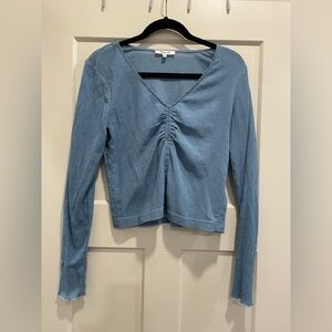 Madewell Blue V-Neck Ruched Long Sleeve Top